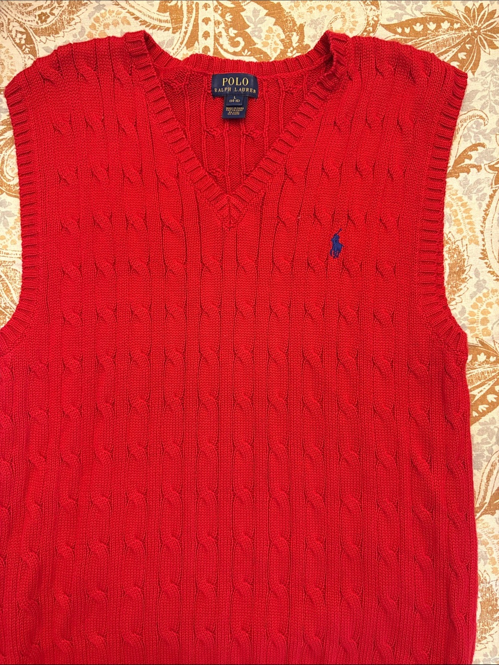 Polo by Ralph Lauren Red Cable-Knit V-Neck Sweater Vest with Blue Pony